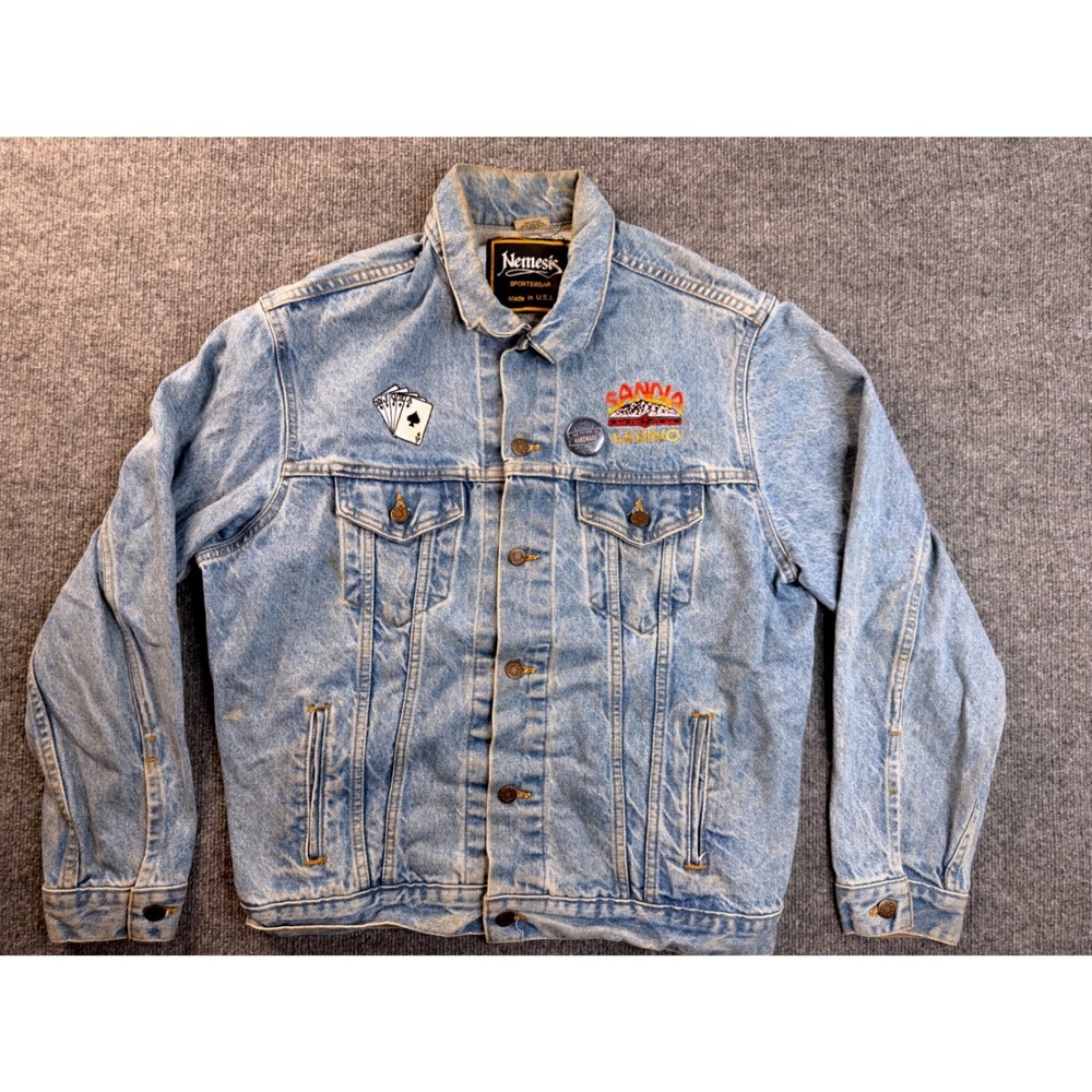 Vintage Nemesis Denim Jacket Large Mens Light Wash Sandia Casino Y2K USA Made